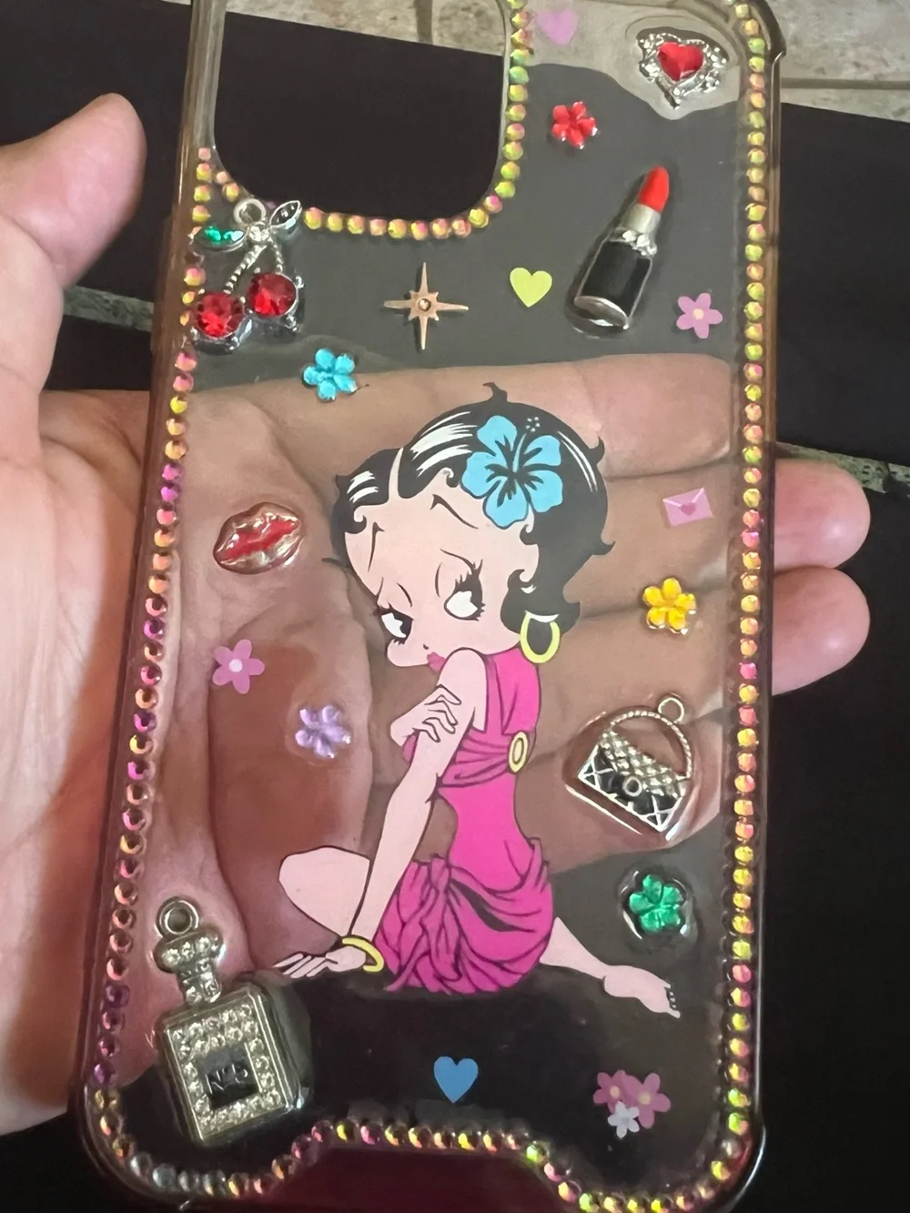 Betty Boop Pink Floral Rhinestone Phone Case
